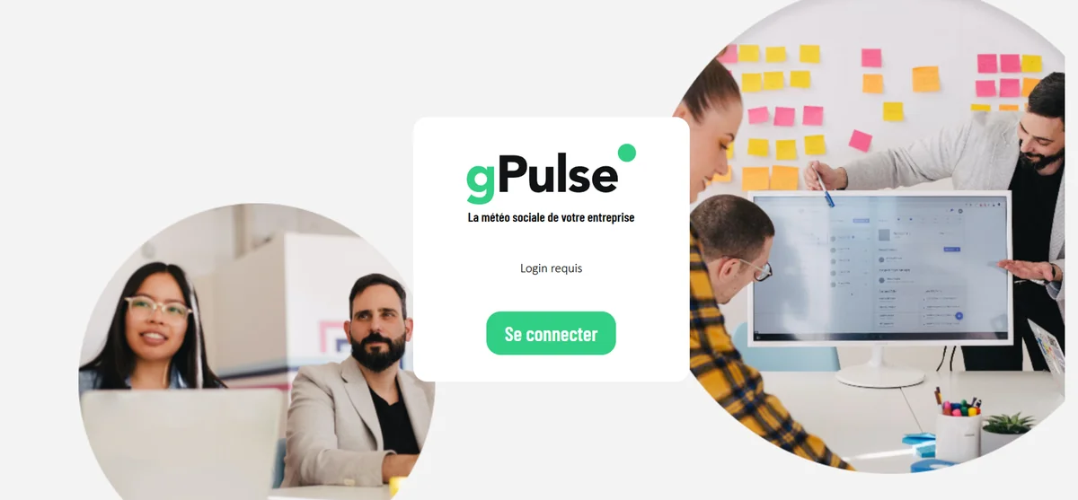 Écran de connexion à gPulse, entouré de collaborateurs au travail