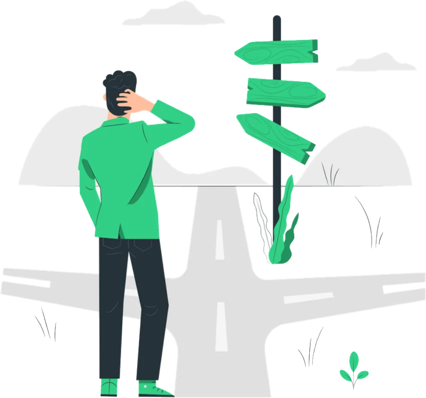 Illustration : une personne face à un panneau indiquant plusieurs directions