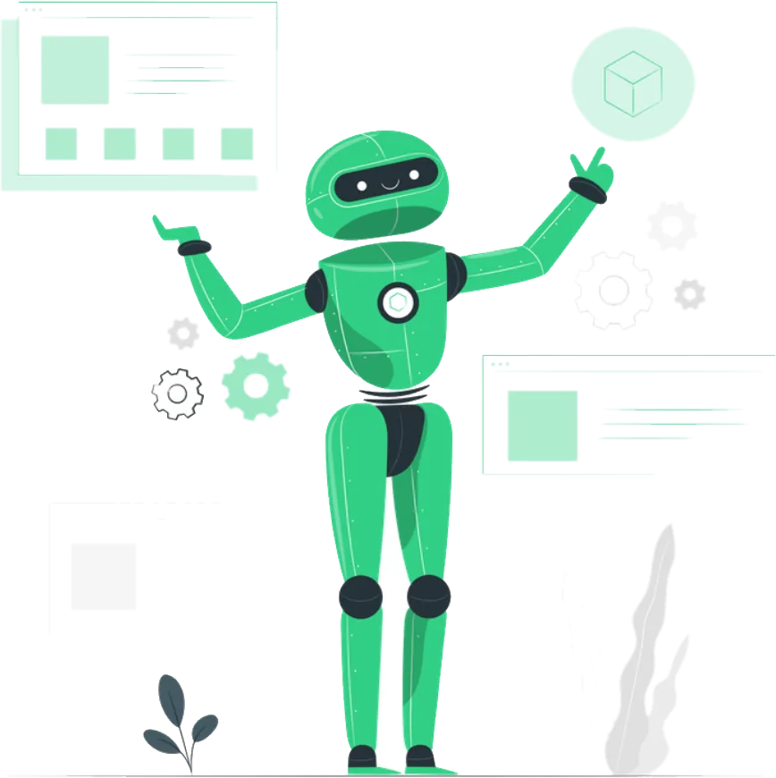 Illustration : un robot entouré d’interfaces numériques